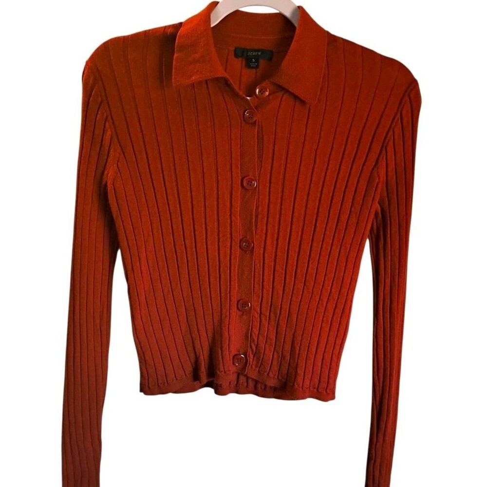 J.CREW Orange Merino Wool Rib Knit Button Front Collared Cardigan Sweater Small